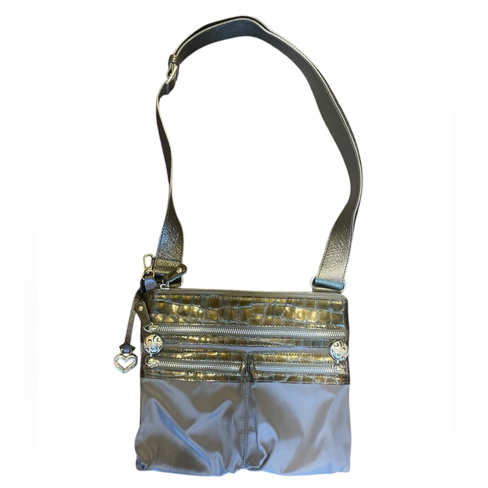 Brighton READ Gray Brown Go-Go Crossbody Handbag Purse Croc Print Leather Nylon
